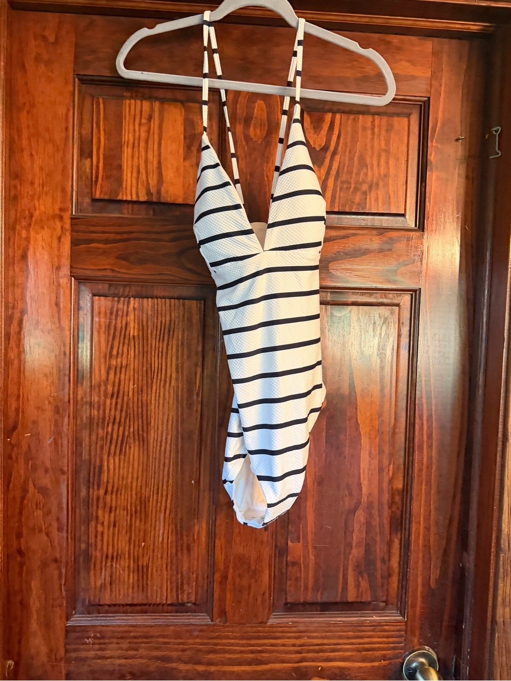 Striped Deep V One-Piece Swimsuit - White and Black